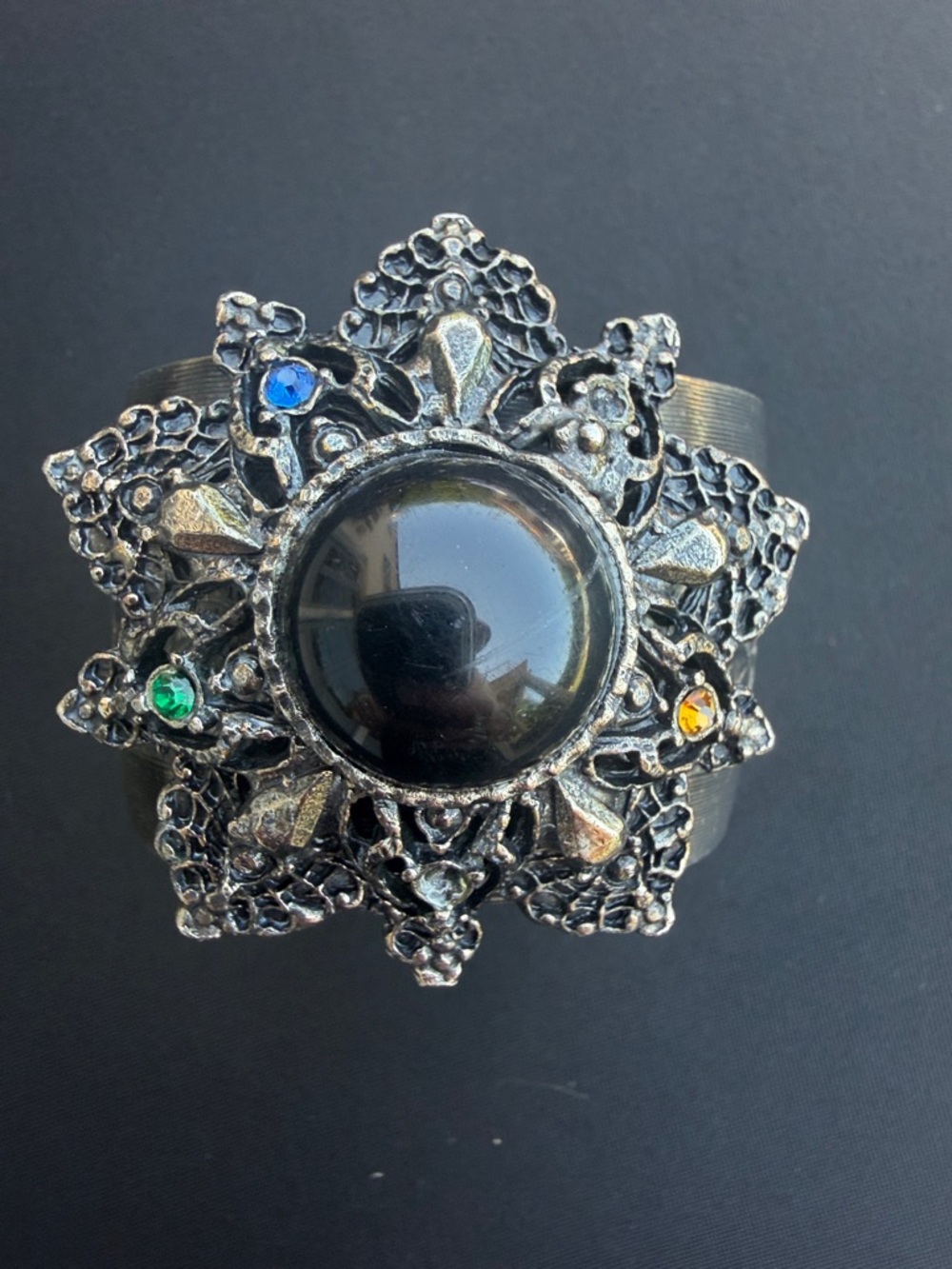 Vintage Mid 1980s Statement Silver Cuff Bracelet with Ornate Filigree & Cabochon